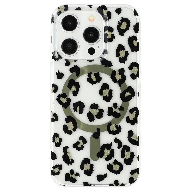 For iPhone 15 Pro Max Magnetic Case Clear Anti-Yellowing PC + TPU Phone Back Cover Leopard Print Design - Black