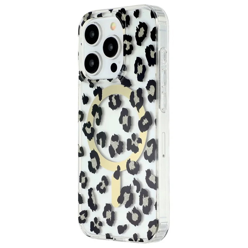 For iPhone 15 Pro Max Magnetic Case Clear Anti-Yellowing PC + TPU Phone Back Cover Leopard Print Design - Black