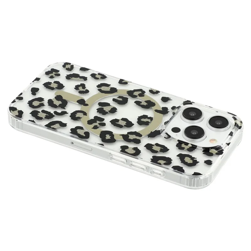 For iPhone 15 Pro Max Magnetic Case Clear Anti-Yellowing PC + TPU Phone Back Cover Leopard Print Design - Black