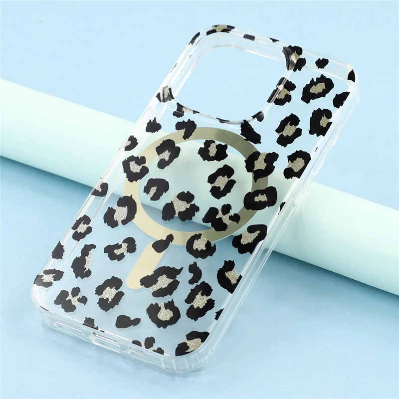 For iPhone 15 Pro Max Magnetic Case Clear Anti-Yellowing PC + TPU Phone Back Cover Leopard Print Design - Black