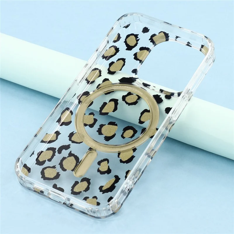For iPhone 15 Pro Max Magnetic Case Clear Anti-Yellowing PC + TPU Phone Back Cover Leopard Print Design - Black