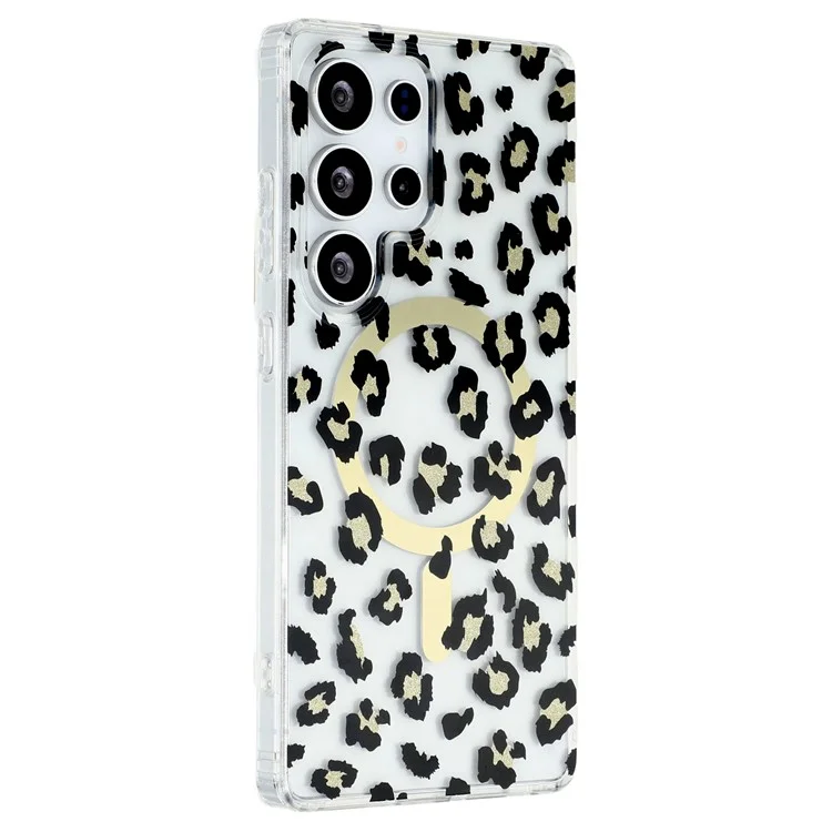 For Samsung Galaxy S25 Ultra Magnetic Case Clear Anti-Yellowing PC + TPU Phone Back Cover Leopard Print Design - Black