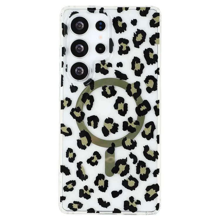 For Samsung Galaxy S25 Ultra Magnetic Case Clear Anti-Yellowing PC + TPU Phone Back Cover Leopard Print Design - Black