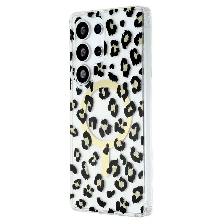 For Samsung Galaxy S25 Ultra Magnetic Case Clear Anti-Yellowing PC + TPU Phone Back Cover Leopard Print Design - Black