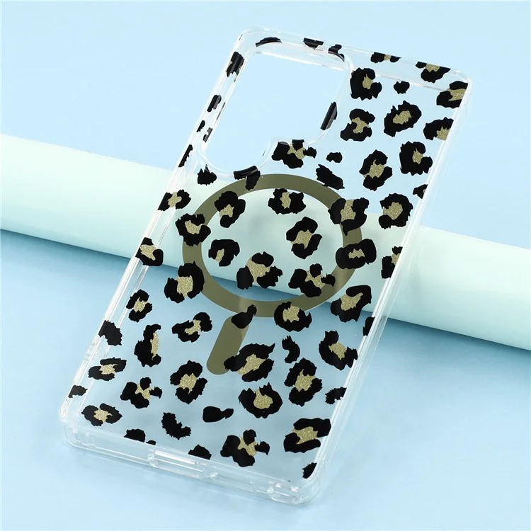 For Samsung Galaxy S25 Ultra Magnetic Case Clear Anti-Yellowing PC + TPU Phone Back Cover Leopard Print Design - Black