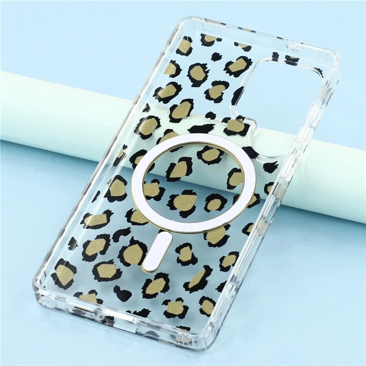 For Samsung Galaxy S25 Ultra Magnetic Case Clear Anti-Yellowing PC + TPU Phone Back Cover Leopard Print Design - Black
