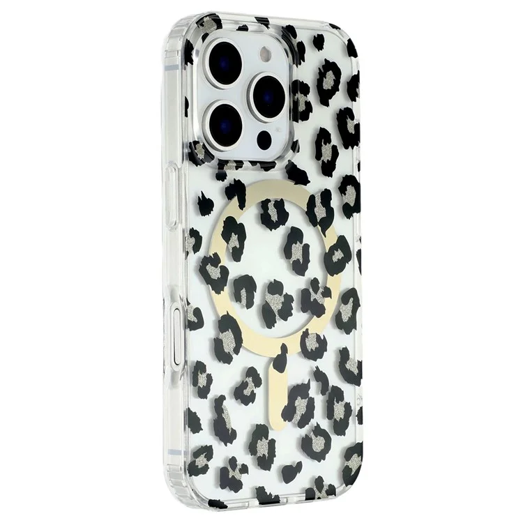 For iPhone 16 Pro Magnetic Case Clear Anti-Yellowing PC + TPU Phone Back Cover Leopard Print Design - Black