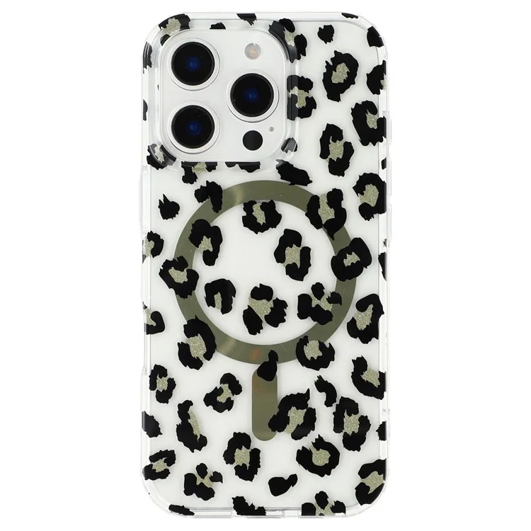 For iPhone 16 Pro Magnetic Case Clear Anti-Yellowing PC + TPU Phone Back Cover Leopard Print Design - Black