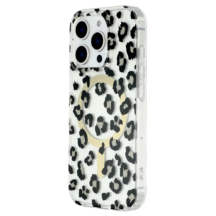 For iPhone 16 Pro Magnetic Case Clear Anti-Yellowing PC + TPU Phone Back Cover Leopard Print Design - Black