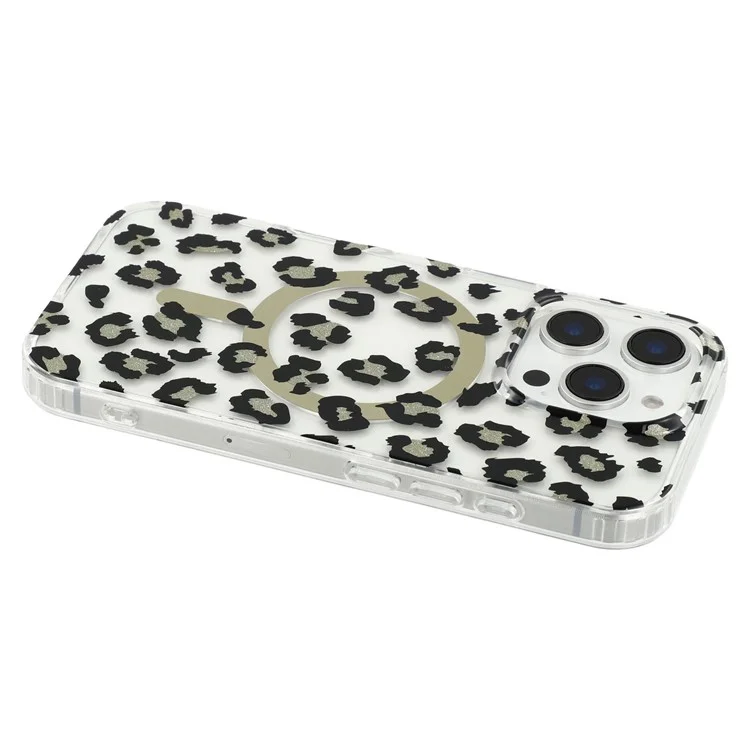 For iPhone 16 Pro Magnetic Case Clear Anti-Yellowing PC + TPU Phone Back Cover Leopard Print Design - Black