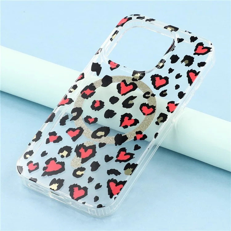 For iPhone 15 Pro Magnetic Case Clear Anti-Yellowing PC + TPU Phone Back Cover Leopard Print Design - Red
