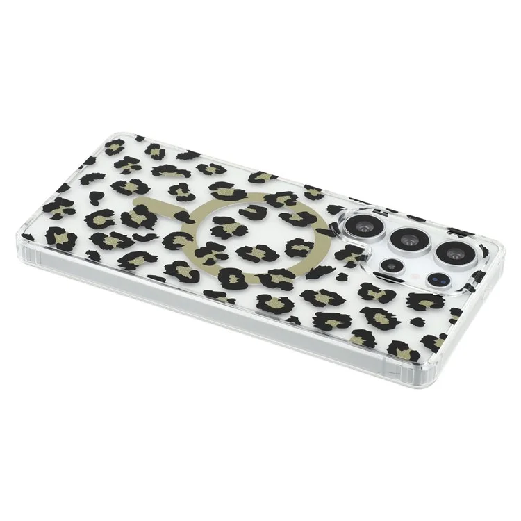 For Samsung Galaxy S24 Ultra Magnetic Case Clear Anti-Yellowing PC + TPU Phone Back Cover Leopard Print Design - Black
