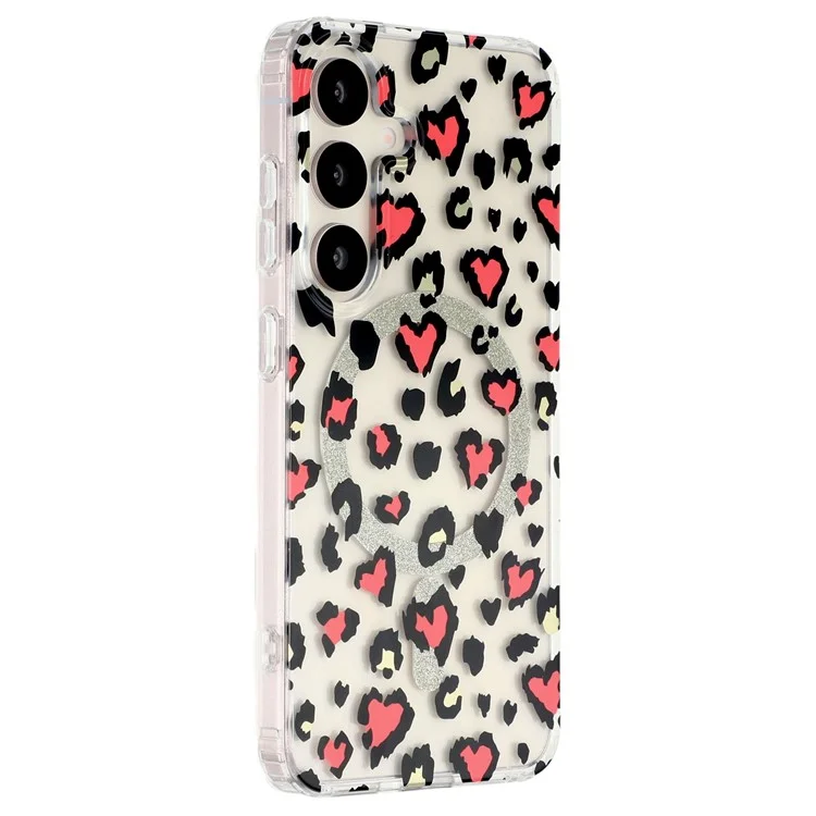 For Samsung Galaxy S25 Magnetic Case Clear Anti-Yellowing PC + TPU Phone Back Cover Leopard Print Design - Red