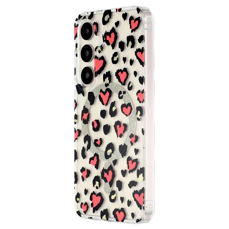 For Samsung Galaxy S25 Magnetic Case Clear Anti-Yellowing PC + TPU Phone Back Cover Leopard Print Design - Red