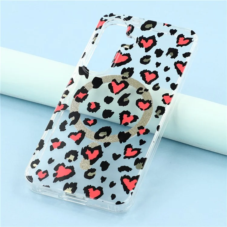 For Samsung Galaxy S25 Magnetic Case Clear Anti-Yellowing PC + TPU Phone Back Cover Leopard Print Design - Red