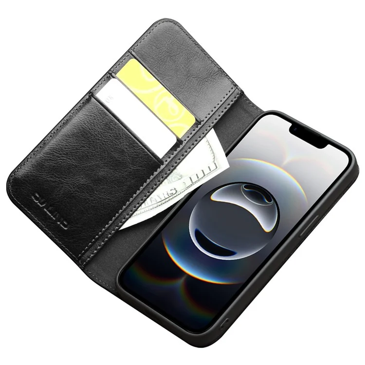 QIALINO Чехол для iPhone 16e с держателем для карт Натуральная кожа коровы Подставка для телефона - Черный