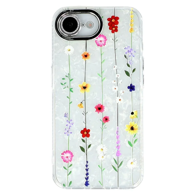 For iPhone 16e Case Electroplated Floral Pattern IMD TPU + PC Phone Back Cover with Glass Lens Film - SH6