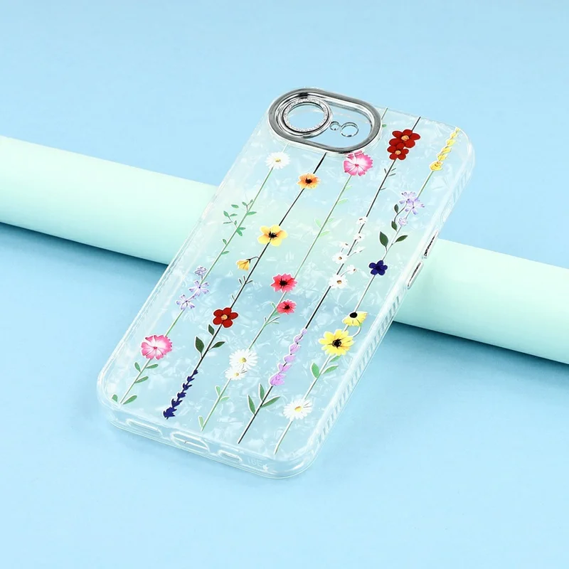 For iPhone 16e Case Electroplated Floral Pattern IMD TPU + PC Phone Back Cover with Glass Lens Film - SH6
