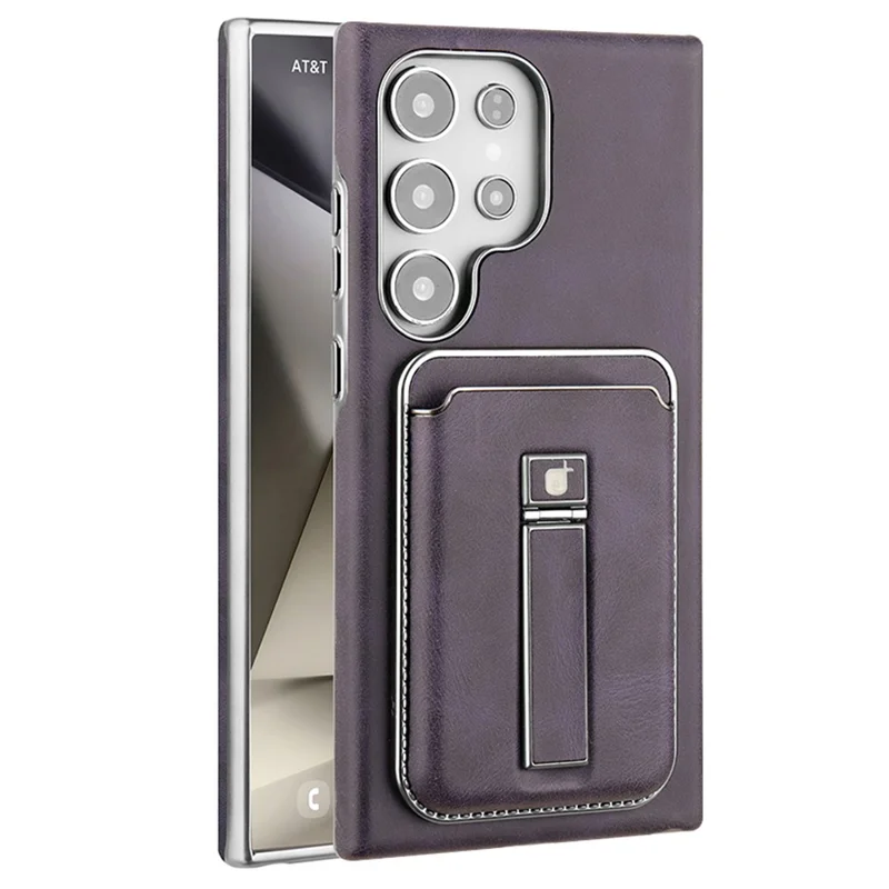 For Samsung Galaxy S23 Ultra Case with Card Holder Kickstand Leather Texture PC Matte Phone Cover Electroplated - Purple