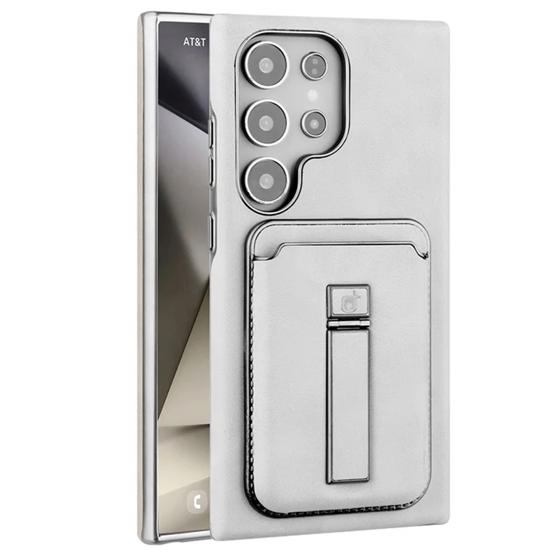 For Samsung Galaxy S23 Ultra Case with Card Holder Kickstand Leather Texture PC Matte Phone Cover Electroplated - Grey