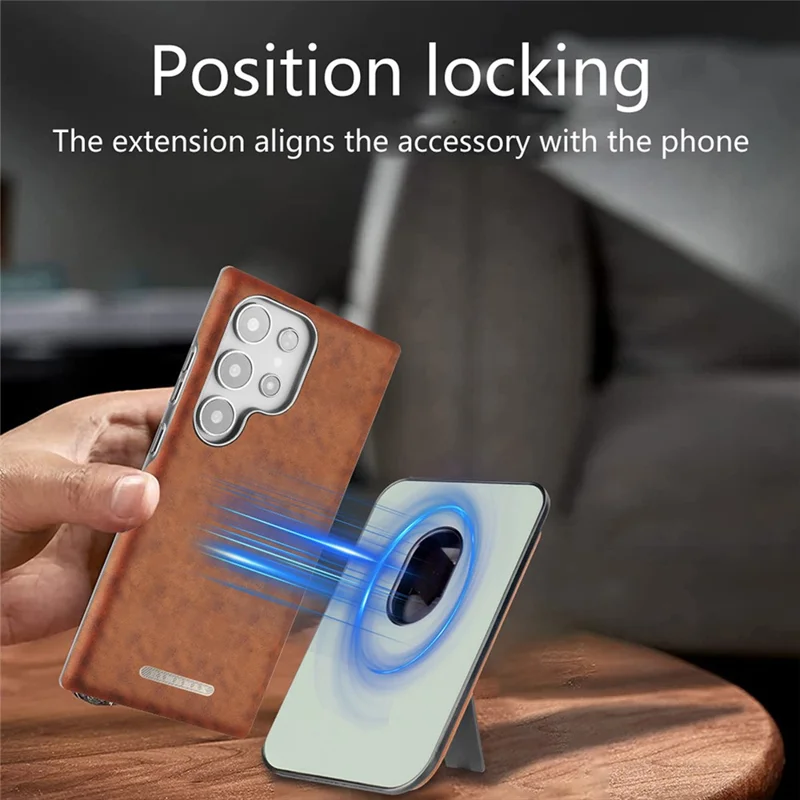 For Samsung Galaxy S23 Ultra Case with Card Holder Kickstand Leather Texture PC Matte Phone Cover Electroplated - Grey