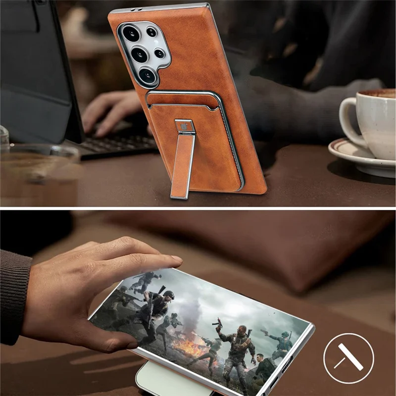 For Samsung Galaxy S23 Ultra Case with Card Holder Kickstand Leather Texture PC Matte Phone Cover Electroplated - Grey