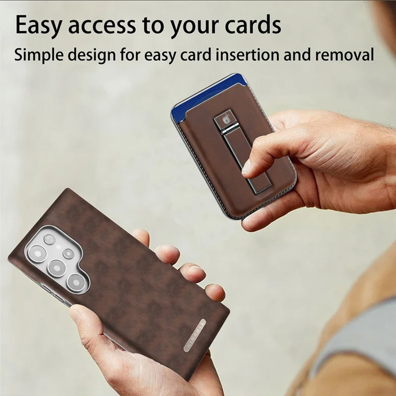 For Samsung Galaxy S23 Ultra Case with Card Holder Kickstand Leather Texture PC Matte Phone Cover Electroplated - Grey