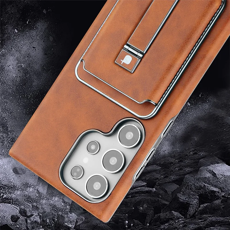 For Samsung Galaxy S23 Ultra Case with Card Holder Kickstand Leather Texture PC Matte Phone Cover Electroplated - Grey