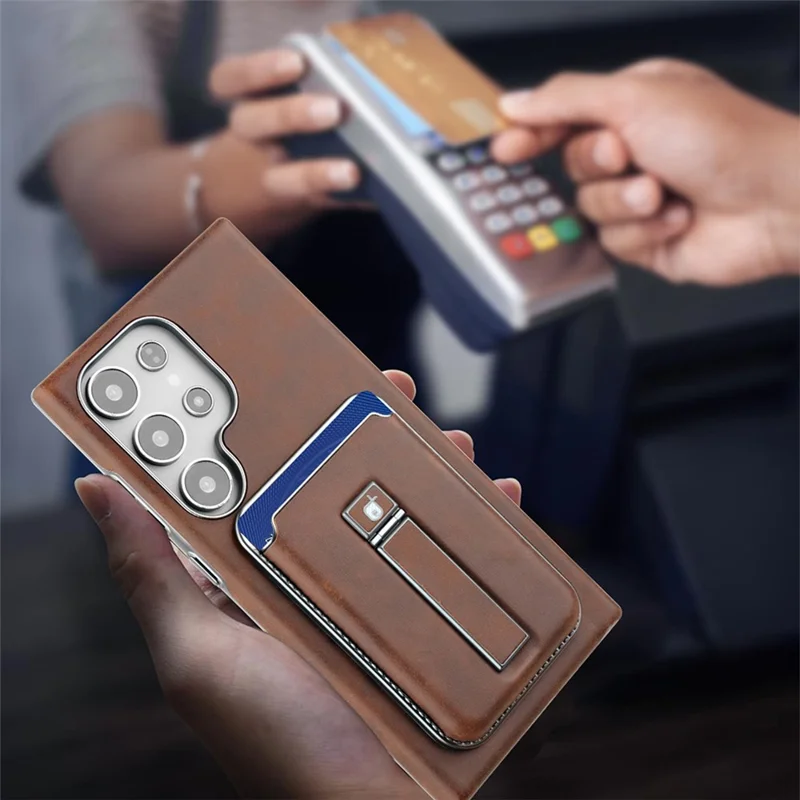 For Samsung Galaxy S23 Ultra Case with Card Holder Kickstand Leather Texture PC Matte Phone Cover Electroplated - Grey