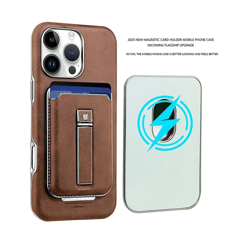 For iPhone 16 Pro Max Case with Card Holder Kickstand Leather Texture PC Matte Phone Cover Electroplated - Dark Brown