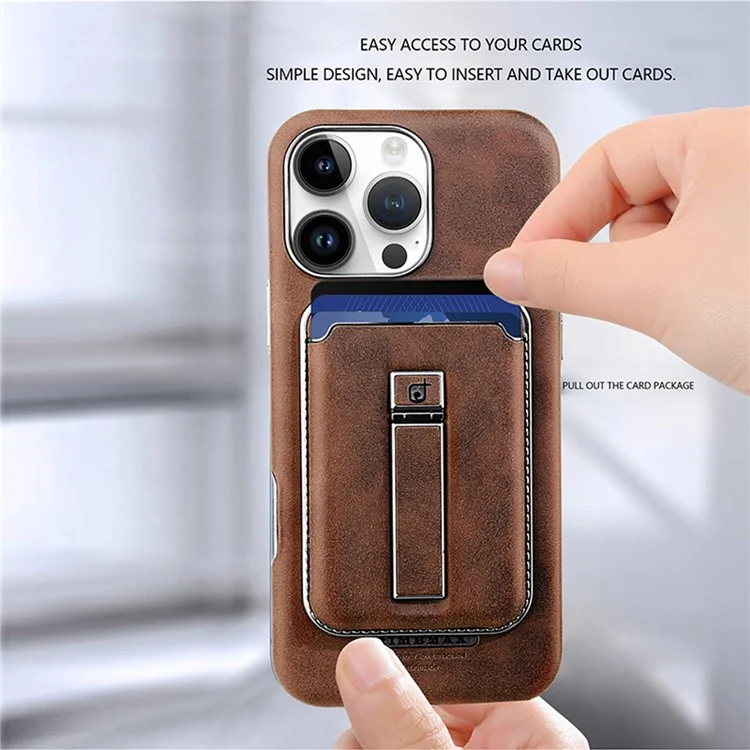 For iPhone 16 Pro Max Case with Card Holder Kickstand Leather Texture PC Matte Phone Cover Electroplated - Dark Brown