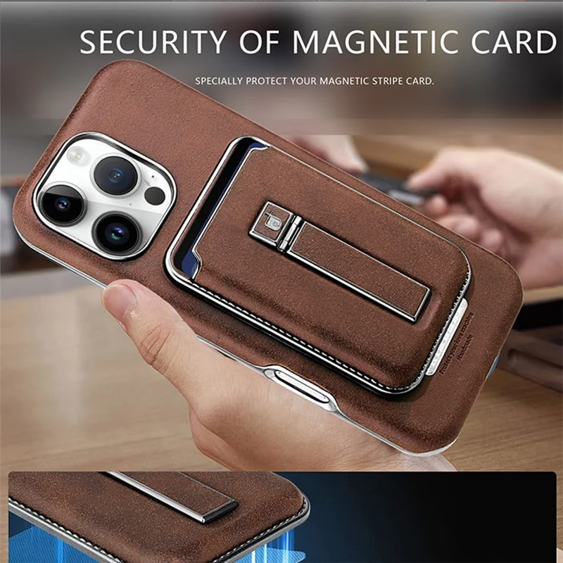 For iPhone 16 Pro Max Case with Card Holder Kickstand Leather Texture PC Matte Phone Cover Electroplated - Blue