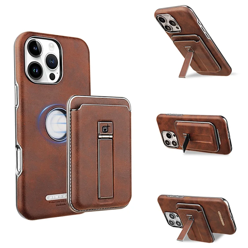 For iPhone 16 Pro Case with Card Holder Kickstand Leather Texture PC Matte Phone Cover Electroplated - Dark Brown