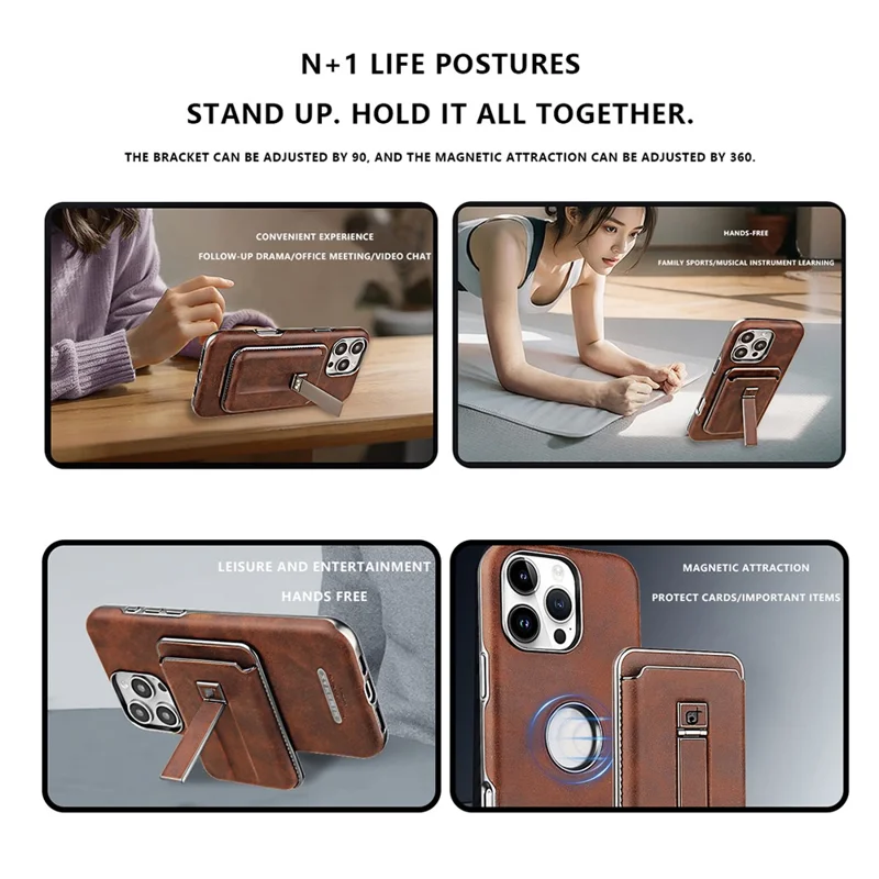 For iPhone 16 Pro Case with Card Holder Kickstand Leather Texture PC Matte Phone Cover Electroplated - Dark Brown