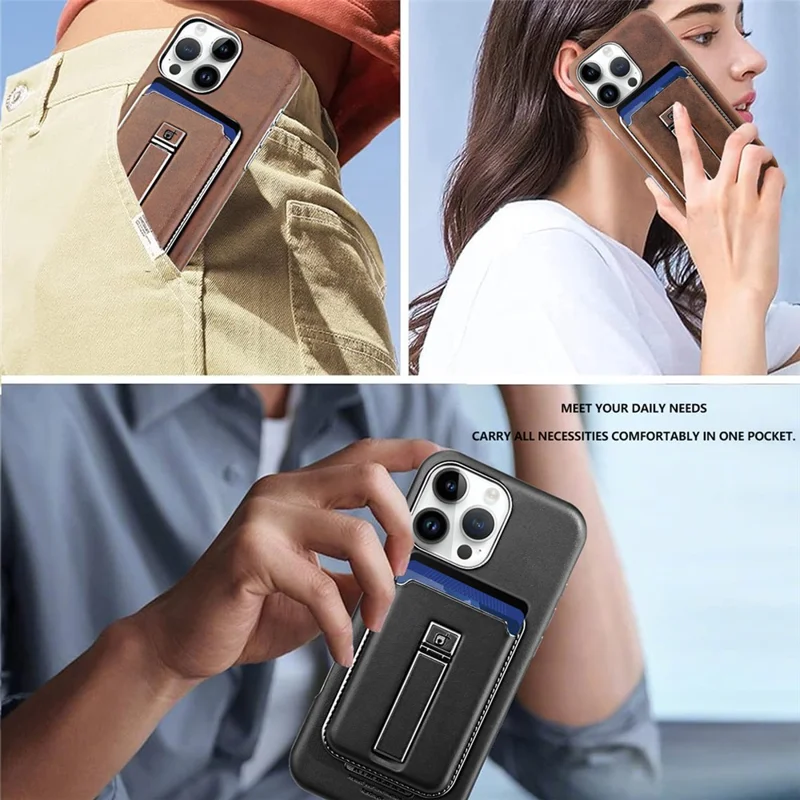 For iPhone 16 Pro Case with Card Holder Kickstand Leather Texture PC Matte Phone Cover Electroplated - Dark Brown