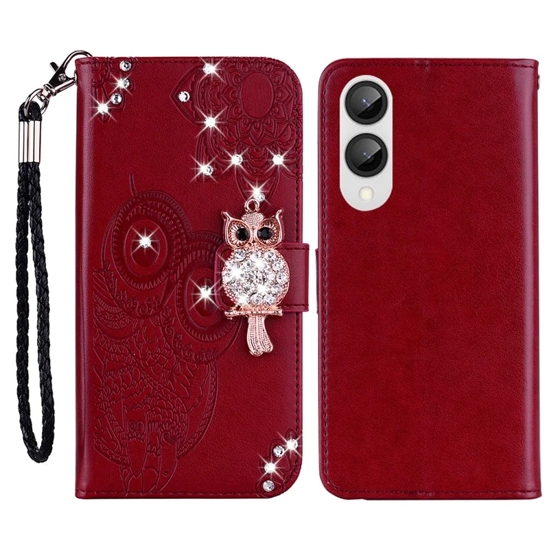 For Samsung Galaxy S25 Edge Wallet Case Owl Flower Imprinted Rhinestone Leather Cover - Red