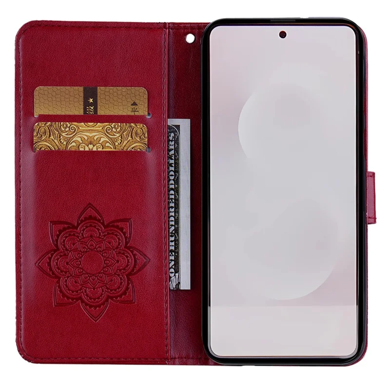 For Samsung Galaxy S25 Edge Wallet Case Owl Flower Imprinted Rhinestone Leather Cover - Red