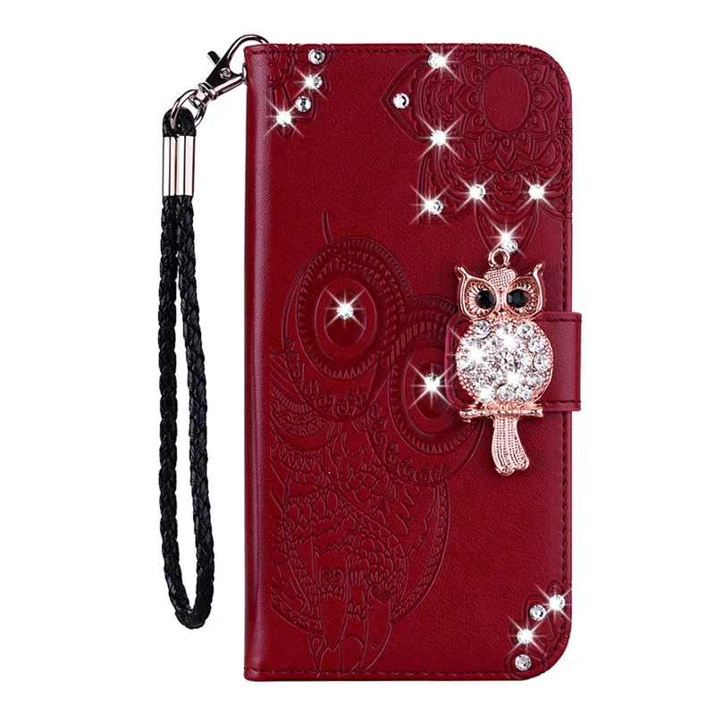 For Samsung Galaxy S25 Edge Wallet Case Owl Flower Imprinted Rhinestone Leather Cover - Red