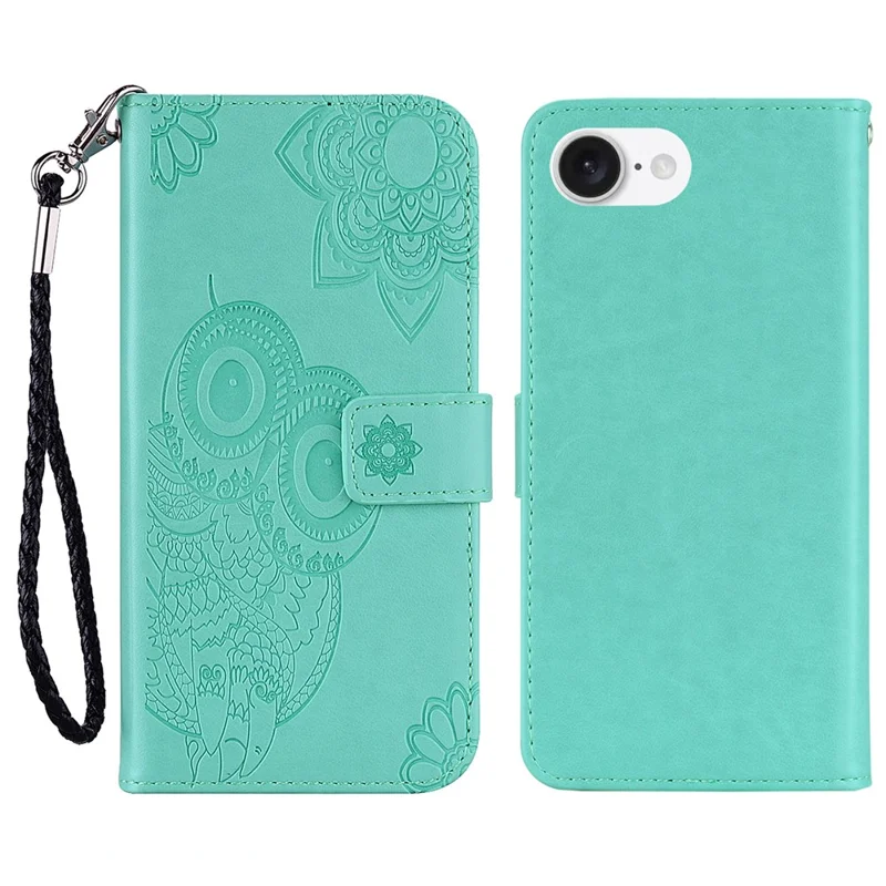 For iPhone 16e Hoesje met Uil- en Bloemenprint Lederen Cover Portemonnee met Bandje - Cyaan