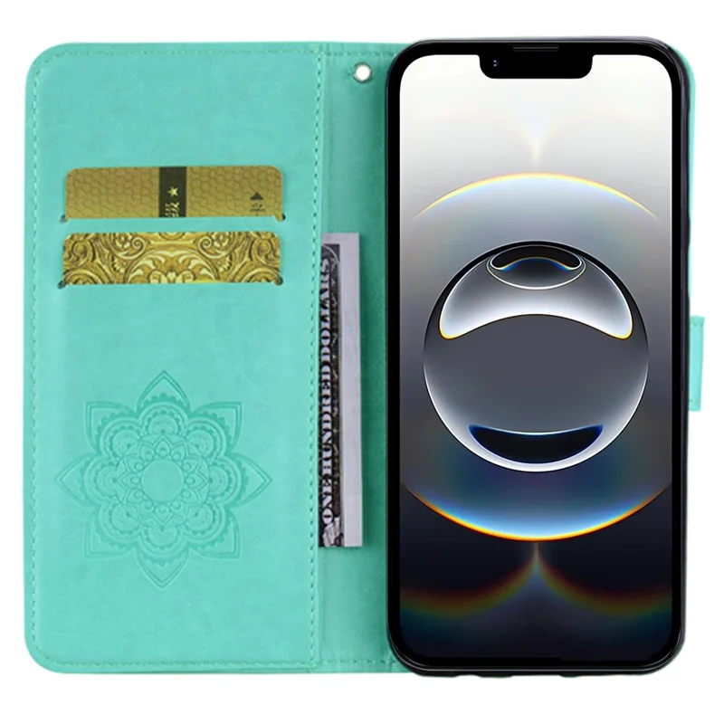 For iPhone 16e Hoesje met Uil- en Bloemenprint Lederen Cover Portemonnee met Bandje - Cyaan
