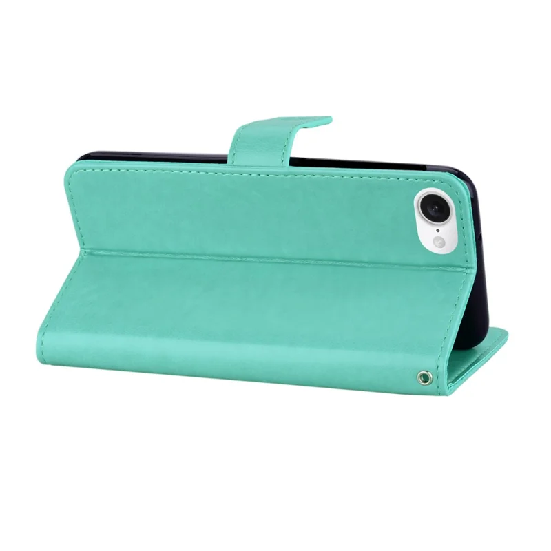 For iPhone 16e Hoesje met Uil- en Bloemenprint Lederen Cover Portemonnee met Bandje - Cyaan