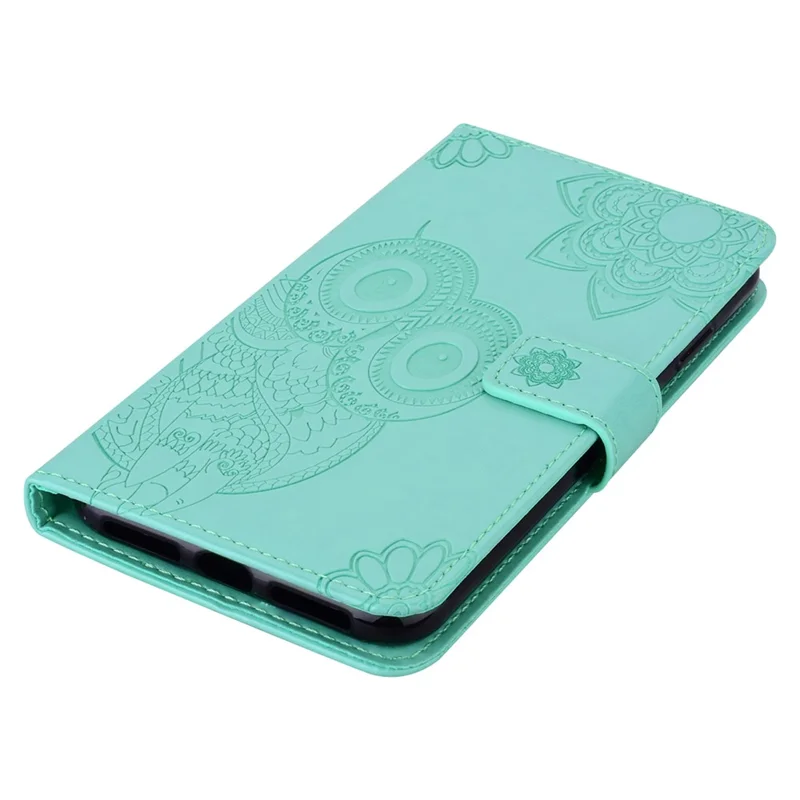 For iPhone 16e Hoesje met Uil- en Bloemenprint Lederen Cover Portemonnee met Bandje - Cyaan