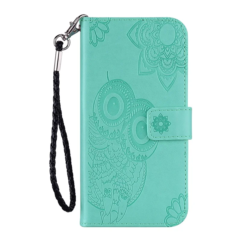 For iPhone 16e Hoesje met Uil- en Bloemenprint Lederen Cover Portemonnee met Bandje - Cyaan