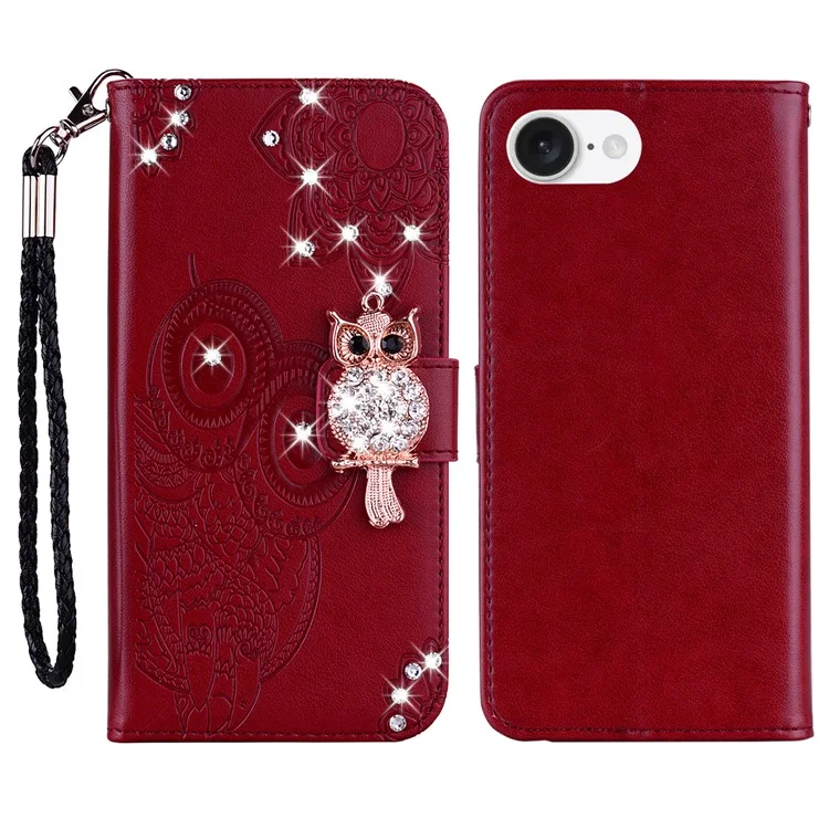 For iPhone 16e Wallet Case Owl Flower Imprinted Rhinestone Leather Cover - Red