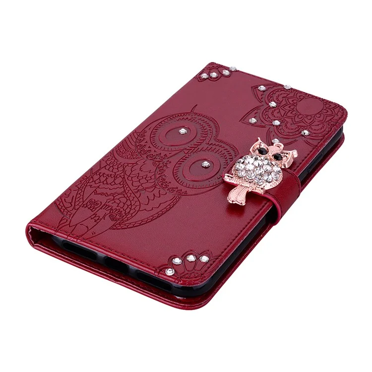 For iPhone 16e Wallet Case Owl Flower Imprinted Rhinestone Leather Cover - Red