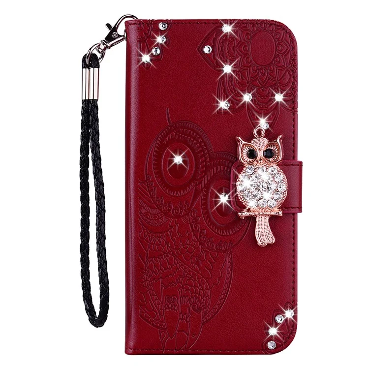 For iPhone 16e Wallet Case Owl Flower Imprinted Rhinestone Leather Cover - Red