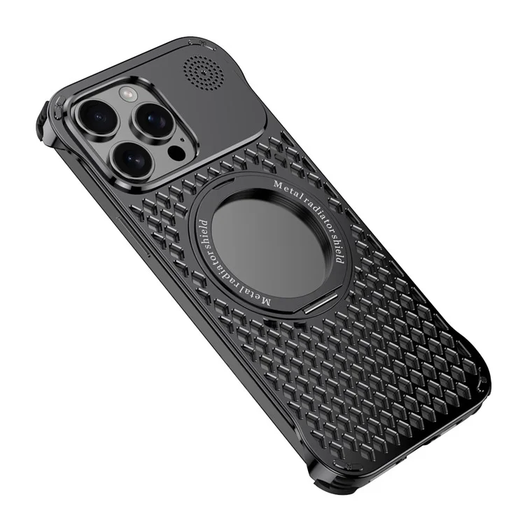 R-JUST RJ64 For iPhone 15 Pro Magnetic Case Aluminum Alloy Perfume Cooling Phone Cover with Rotating Kickstand - Black