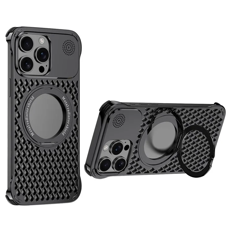 R-JUST RJ64 For iPhone 15 Pro Max Magnetic Case Aluminum Alloy Perfume Cooling Phone Cover with Rotating Kickstand - Black