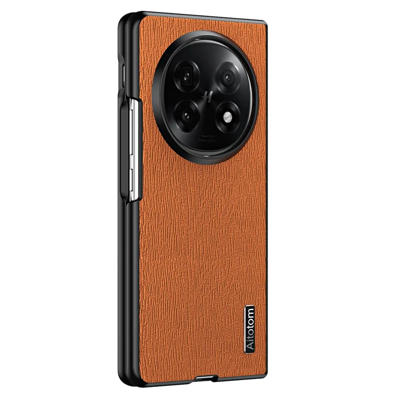 For Oppo Find N5 5G Case Wood Texture PU Leather Coated PC TPU Phone Cover - Brown