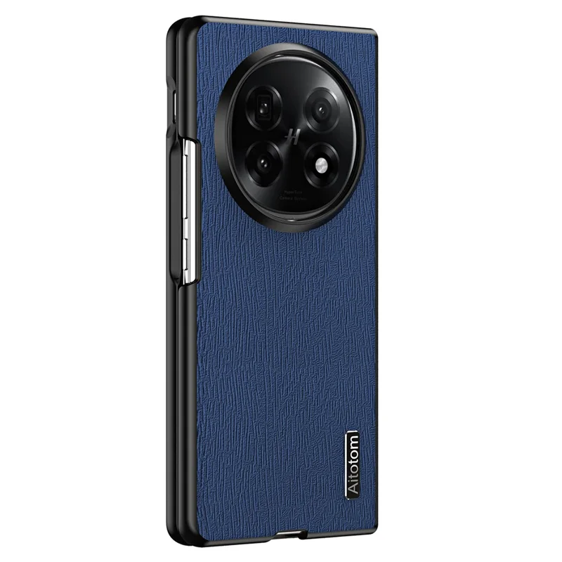 For Oppo Find N5 5G Case Wood Texture PU Leather Coated PC TPU Phone Cover - Blue